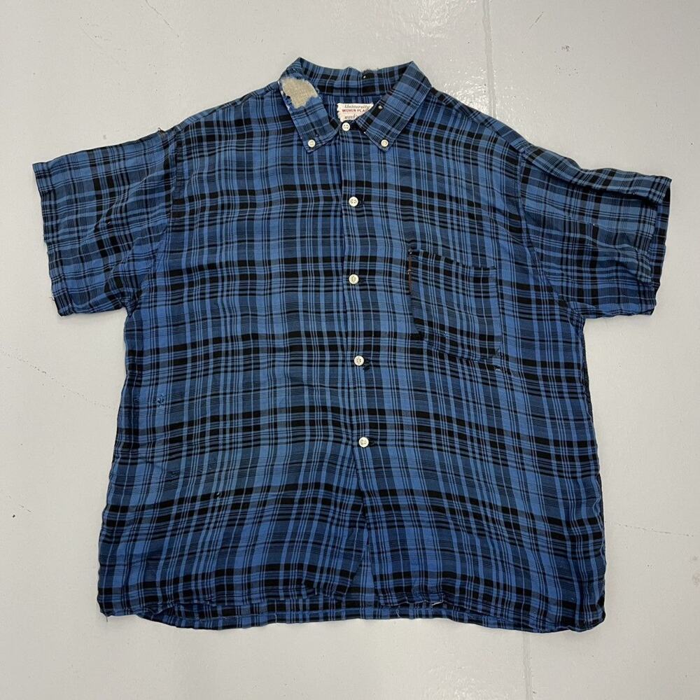 Vintage 60s University Woven Plaid Blue Plaid Rayon Shirt